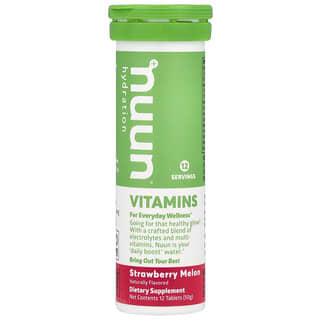 Nuun, Hydratation, Vitamines, Complément vitaminique effervescent, Fraise et melon, 12 comprimés