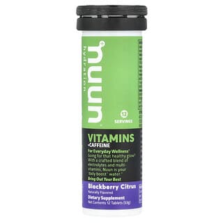 Nuun, Hidratação, Vitaminas + Cafeína, Suplemento Vitamínico Efervescente, Cítrico de Amora, 12 Comprimidos