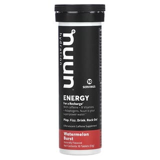 Nuun, Hidratación, Energía, Suplemento con cafeína efervescente, Explosión de sandía`` 10 comprimidos, (51 g)