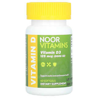 Noor Vitamins, Vitamine D3, 125 µg (5000 UI), 60 capsules à enveloppe molle