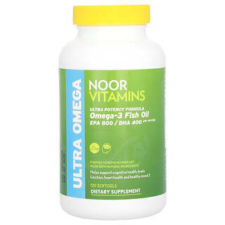 Noor Vitamins, ウルトラオメガ、オメガ3フィッシュオイル、Ultra Potency Formula、ソフトジェル120粒