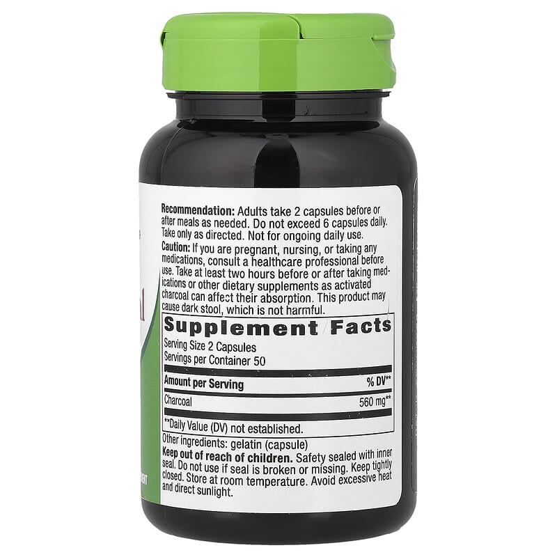 Carbón vegetal activado, 100 cápsulas (280 mg por cápsula)