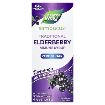 Nature's Way, Sambucus®, Traditional Immune Syrup, Zero Sugar, Elderberry, 50 mg, 4 fl oz (120 ml)