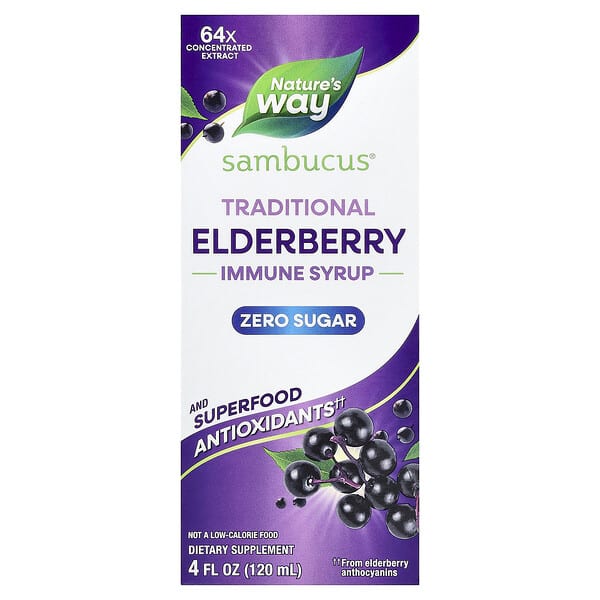 Nature's Way, Sambucus®，傳統機體抵抗幫助糖漿，無糖接骨木果味，4 液量盎司（120 毫升）