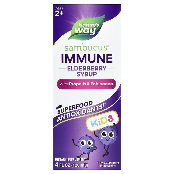 Nature's Way, Sambucus® Kids，含蜂膠和紫錐菊的接骨木果機體抵抗糖漿，2 歲以上，4 液量盎司（120 毫升）