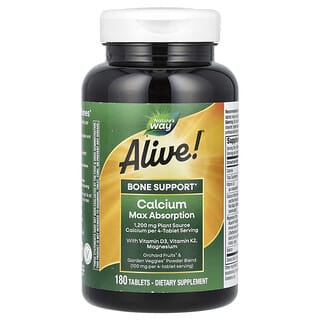 Nature's Way, Alive!, Calcio con vitamina D3, vitamina K2 y magnesio, 1300 mg, 180 comprimidos (325 mg por comprimido)