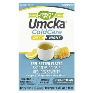 Nature's Way, Umcka, Cold Care, Day + Night, Soothing Hot Drink, Lemon-Citrus, Honey-Lemon, 12 Packets, 0.17 oz Each,  (8 Day / 4 Night)