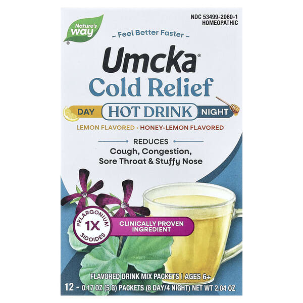 Nature's Way, Umcka®, 콜드 릴리프 따뜻한 드링크, 주야간용, 만 6세 이상, 레몬, 꿀-레몬, 12팩, 각 5g(0.17oz)
