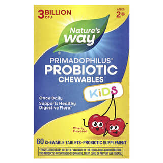 Nature's Way, Primadophilus®, Cápsulas Mastigáveis de Probióticos para Crianças, A Partir de 2 Anos, Cereja, 3 Bilhões de UFCs, 60 Comprimidos Mastigáveis