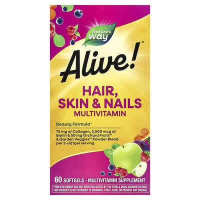 Nature's Way, Alive!® Hair, Skin & Nails Multivitamin, Strawberry, 60 Softgels