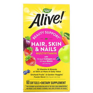 Nature's Way, Alive! Suplemento multivitamínico para el cabello, la piel y las uñas, Fresa, 60 cápsulas blandas
