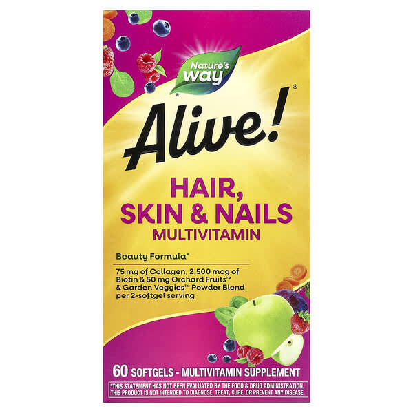 Nature's Way Alive!® Hair, Skin & Nails Multivitamin, Strawberry, 60 Softgels