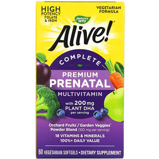 Nature's Way, Alive! Multivitamines prénatales complètes de qualité supérieure, 200 mg, 60 capsules végétariennes à enveloppe molle