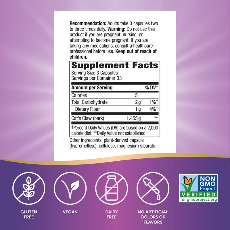 Corteza de uña de gato, 100 cápsulas veganas (0,48 mg por cápsula)