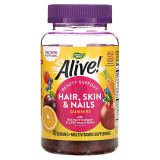 Nature's Way‏, Alive!‎ תוסף מולטי-ויטמין לשיער, עור וציפורניים עם קולגן וביוטין, טעם תות, 60 סוכריות גומי