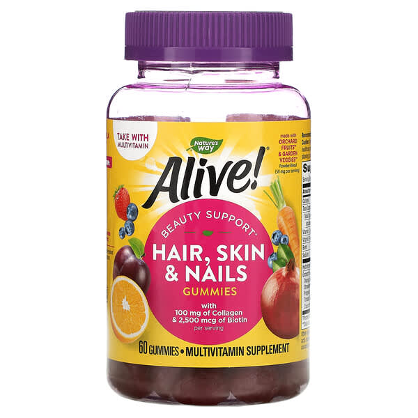 ناتشرز واي‏, Alive! دعم صحة الشعر، والبشرة، والأظافر مع الكولاجين والبيوتين، الفراولة، 60 علكة