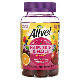 Nature's Way, Alive! 含胶原蛋白和生物维生素的头发、皮肤和指甲护理配方，草莓味，60 粒软糖