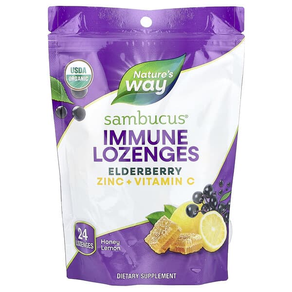 Nature's Way Sambucus®, Immune Lozenges, Elderberry Zinc + Vitamin C, Honey Lemon, 24 Lozenges