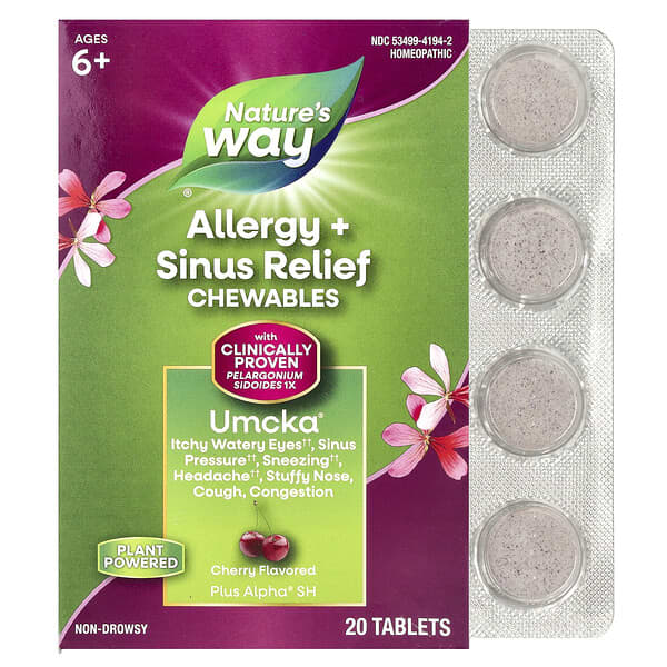 Umcka®, Allergy + Sinus Relief Chewables, Ages 6+, Cherry, 20 Tablets