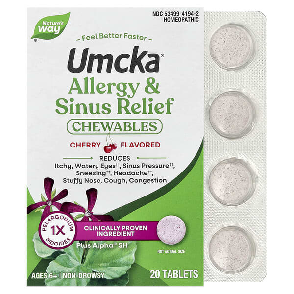 Nature's Way, Umcka®, жувальні таблетки від алергії та пазух, для дітей від 6 років, зі смаком вишні, 20 таблеток