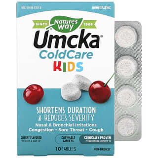 Nature's Way, Umcka, ColdCare Kids, Para Idades 6 ou Mais, Cereja, 10 Comprimidos Mastigáveis