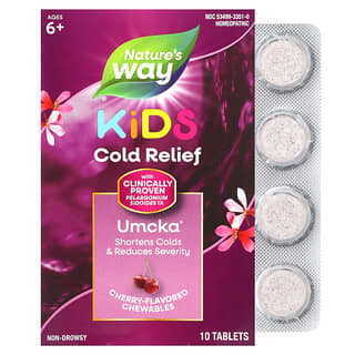 Nature's Way, Umcka, Alivio del resfriado para niños, Sin somnolencia, Para mayores de 6 años, Cereza, 10 comprimidos masticables