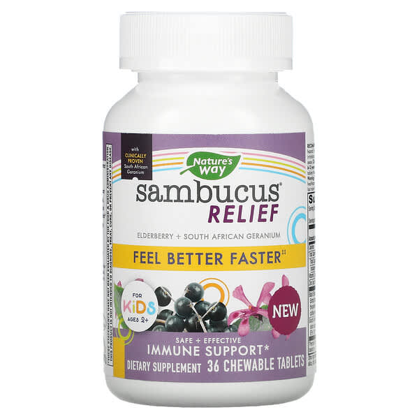 Nature's Way, Sambucus Relief, Immune Support, For Kids, Ages 2+, Berry, 36 Chewable Tablets