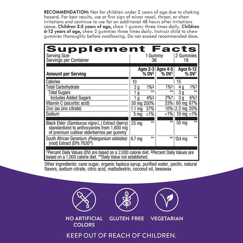Nature's Way, Sambucus Relief, Immune Support, For Kids, 2+, Elderberry + South African Geranium, 36 Gummies
