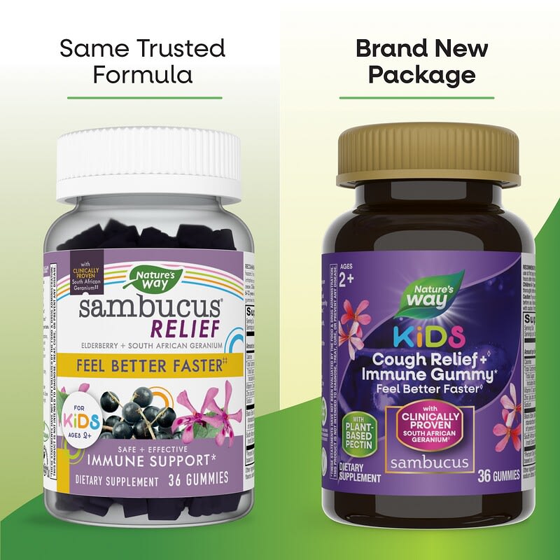 Nature's Way, Sambucus Relief, Immune Support, For Kids, 2+, Elderberry + South African Geranium, Immununterstützung für Kinder ab 2 Jahren, Holunder und südafrikanische Geranie, 36 Fruchtgummis