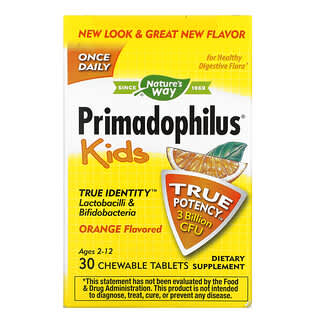 Nature's Way, Primadophilus สำหรับเด็กอายุ 2-12 ปี รสส้ม มีโพรไบโอติก 3 พันล้าน CFU บรรจุเม็ดเคี้ยว 30 เม็ด