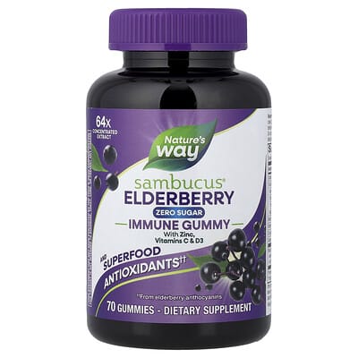 Nature's Way, Elderberry, Immune Support Gummies with Zinc, Vitamin C and D3, Sugar-Free, Elderberry, 70 Gummies