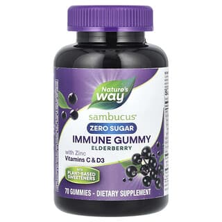 Nature's Way, Sambucus, Gomme pour le système immunitaire au zinc, Vitamines C et D3, Sans sucre, Baie de sureau, 70 gommes