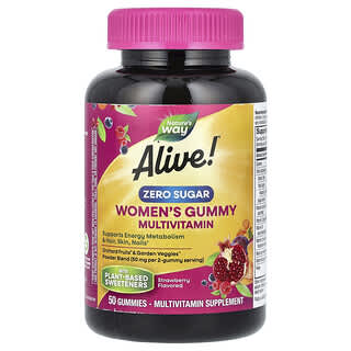 Nature's Way‏, Alive!‎ מולטי-ויטמין לנשים בצורת סוכריות גומי, ללא סוכר, בטעם תות, 50 סוכריות גומי