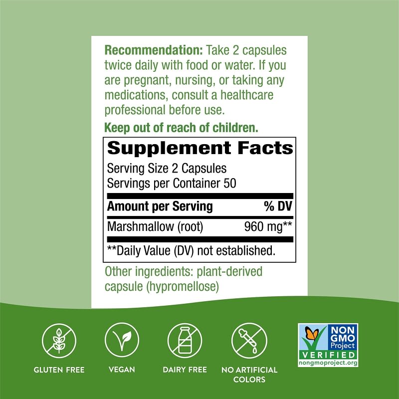 Nature's Way, Raíz de malvavisco, 480 mg, 100 cápsulas veganas