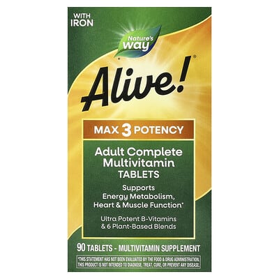 Nature's Way, Alive!® Max3 Potency, Adult Multivitamin, with Iron, 90 Tablets