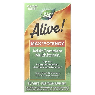 Nature's Way, Alive!® Max3 Potency, Adult Complete Multivitamin, No Added Iron, 90 Tablets