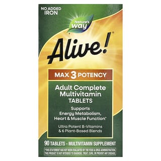 Nature's Way, Alive! Multivitamínico de Potência Max3, sem adição de ferro, 90 comprimidos