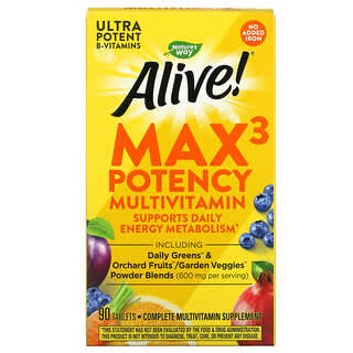 Nature's Way, Alive! Multivitamínico de potencia Max3, Sin hierro agregado, 90 comprimidos