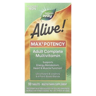 Nature's Way‏, Alive!‎ ‏Max 3 מולטי-ויטמין רב עוצמה, ללא תוספת ברזל, 90 טבליות