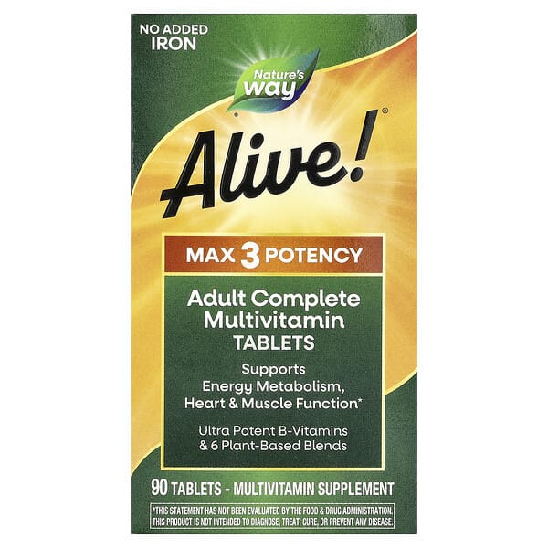 Nature's Way, Alive!® Max3 Potency, Adult Complete Multivitamin, No Added Iron, 90 Tablets