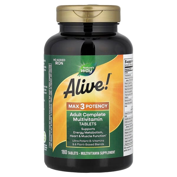 Nature's Way（ネイチャーズウェイ）, Alive!（アライブ！）マックス3ポテンシー、成人向けコンプリートマルチビタミン、鉄分無添加、タブレット180粒