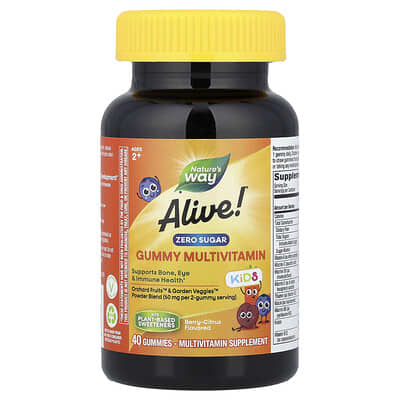 Nature's Way, Alive!® Kids, Sugar-Free Gummy Multivitamins, Ages 2+, Berry-Citrus, 40 Count