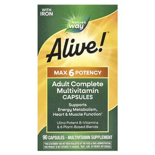 ناتشرز واي‏, Alive! ® Max 6 Potency ، فيتامينات متعددة كاملة للبالغين ، مع حديد ، 90 كبسولة