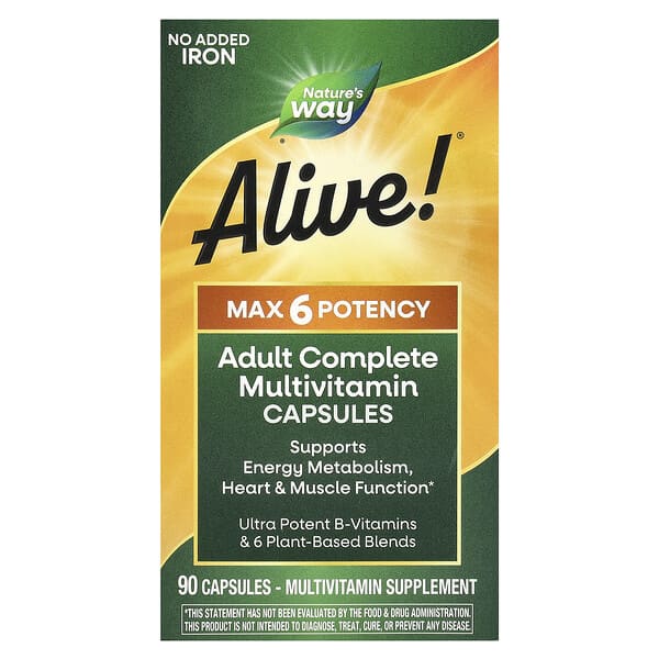 Alive!® Max6 Potency, Adult Complete Multivitamin, No Added Iron, 90 Capsules