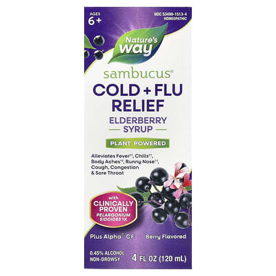 Nature's Way, Sambucus®, Cold + Flu Relief, Elderberry Syrup, Ages 6+, Berry Flavor, 4 fl oz (120 ml)