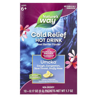 Nature's Way, Umcka®, Cold Relief, kojąca mieszanka do gorących napojów, od 6. roku życia, cytryna, 10 saszetek, 5 g sztuka