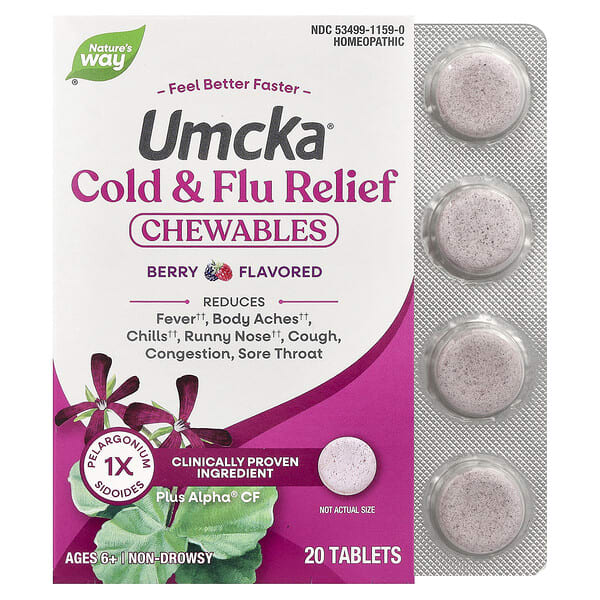 Umcka, Cold & Flu Relief Chewables, Ages 6+, Berry, 20 Tablets