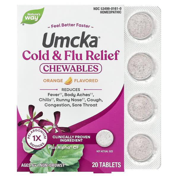 Nature's Way, Umcka®, Cold & Flu Relief Chewables, Ages 6+, Orange, 20 Tablets