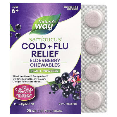 Nature's Way, Sambucus®, Cold + Flu Relief, Elderberry Chewables, Ages 6+, Berry, 20 Tablets