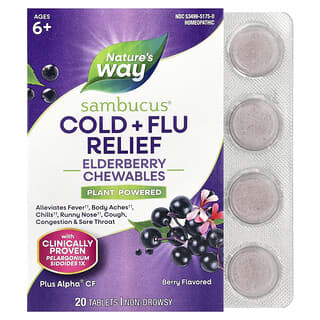 Nature's Way, Sambucus®, Cold + Flu Relief, Elderberry Chewables, Ages 6+, Berry , 20 Tablets